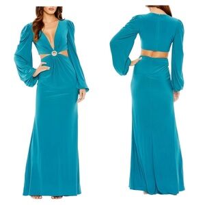 Mac Duggal 26727 Turquoise Cutout Gown Long Sleeve Pearl Size 8